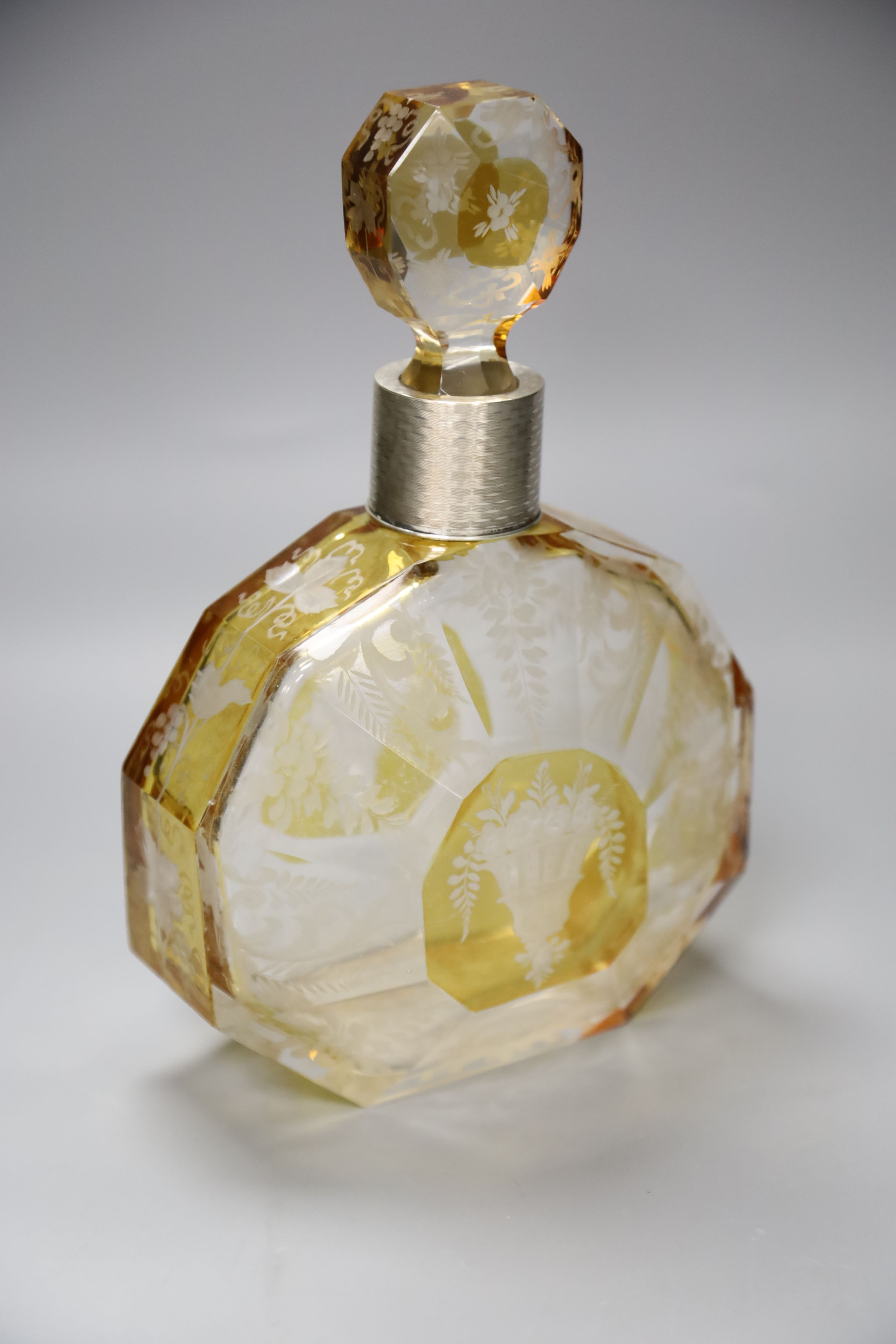 A Bohemian cut glass scent bottle with German 800 standard silver collar, height 25cm